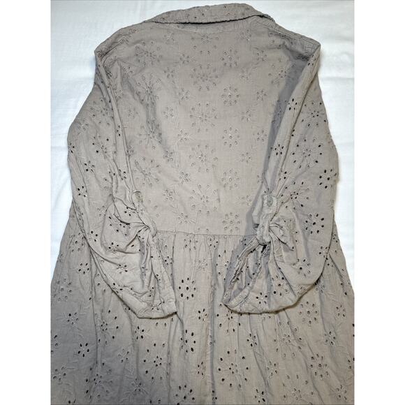 Laura Bianchi Womens M Tan Cotton Eyelet Tiered Button Down Midi Shirt Dress EUC - Picture 11 of 12